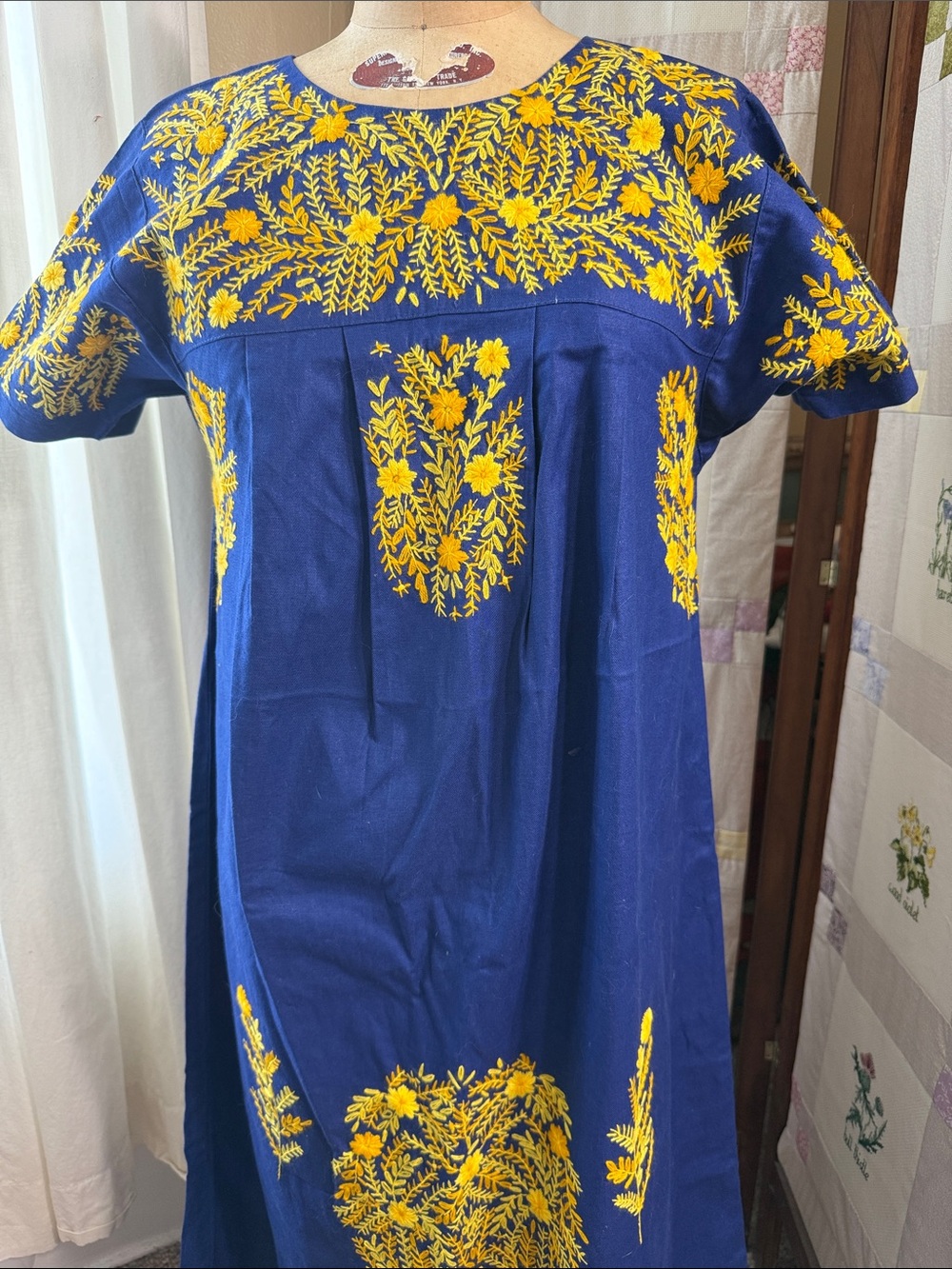 Vintage Handmade Ecuador Blue Cotton Embroidered Maxi Dress Yellow Floral Folk